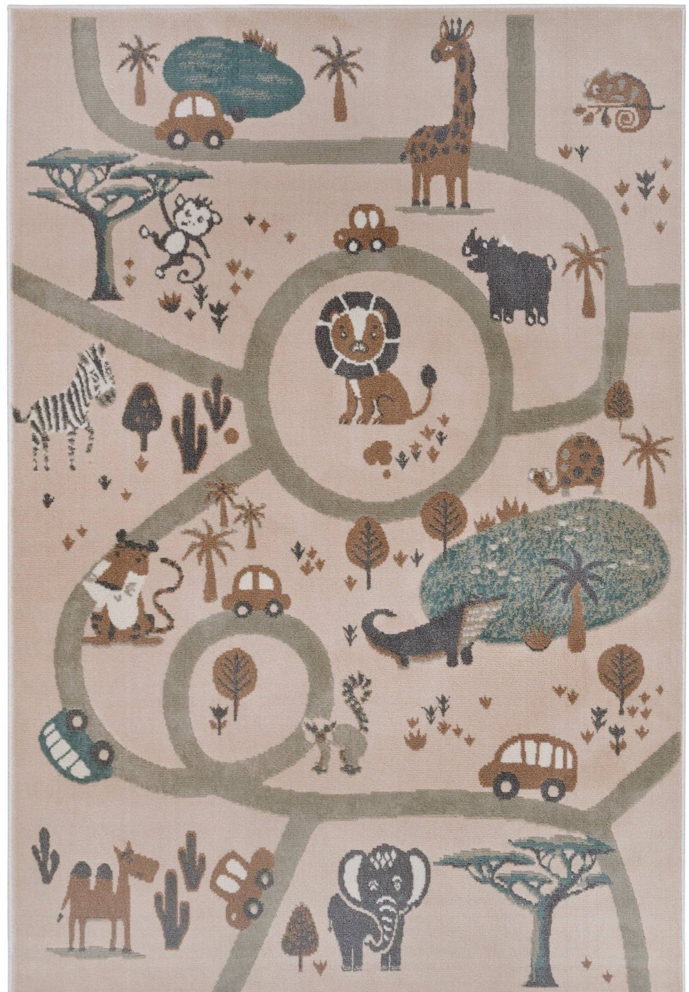 Barnmatta Animal Park - 160 x 235 cm - CremeBrunGrå - Lättstädad (160 x 235 cm)