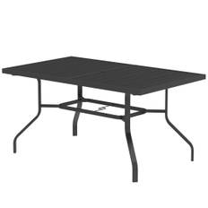 Trädgårdsbord 152x90 cm, väderbeständigt balkongbord av stål, sidobord med paraplyhål, ribbad design utomhusmatbord, campingbord