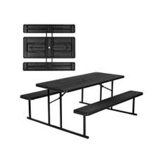 VEVOR Sammenklappeligt Picnicbord, 6 fod Sammenklappelige Picnicborde med Bænke, Udendørs Bænkesæt i Stål med Parasollhul, Stort Udendørs Spisebord til Terrasse Have Have ved Poolen (Sort)
