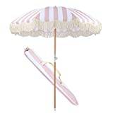 ALIXCE Rosa vit randig parasoll 2 m retro lyx strandparasoll fransat trädgårdsparaply, polyester paraplyyta, slitstark solskyddsmedel, romantisk kust innergård simbassäng skuggning, Vitt, 2 meter