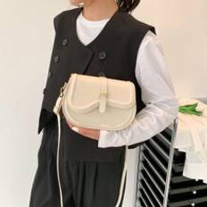 Pu Fabric Belt Buckle Flip Half Round Crossbody Bag For Women, Simple, Fashionable And Multi-functional - Beige - one-size