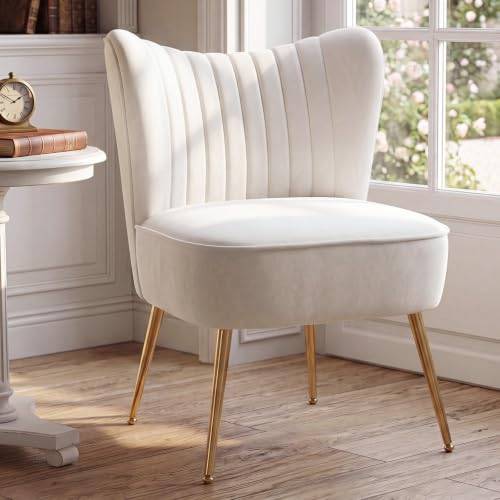 chairus Sammet fåtölj armlös enkel soffa stol med metallben moderna stoppade långbyxor accentstolar för balkong vardagsrum (beige-1)