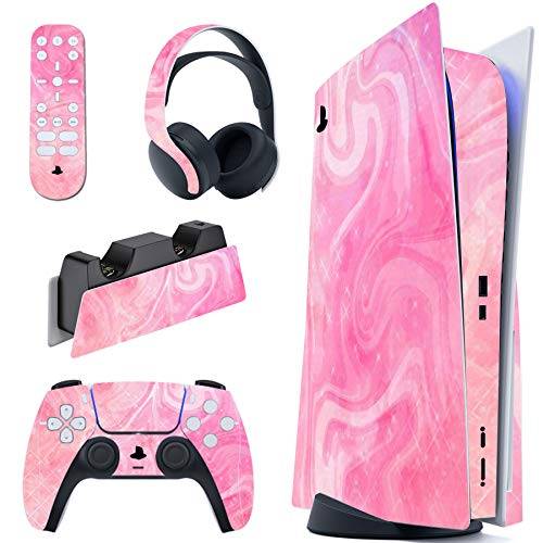 PlayVital Komplett Set av Skal Dekaler för ps5-konsol Disc Edition,Självhäftande Vinyldekal för ps5-kontroll& Laddningsstation&Headset&Fjärrkontroll-Psykedelisk Rosa