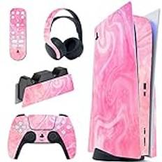 PlayVital Komplett Set av Skal Dekaler för ps5-konsol Disc Edition,Självhäftande Vinyldekal för ps5-kontroll& Laddningsstation&Headset&Fjärrkontroll-Psykedelisk Rosa