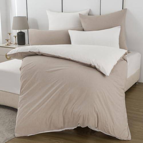 Nesture Bettwäsche 155x220 Baumwolle Beige/Weiß - Bettwäsche-Sets 2teilig Weich, 100% Gewaschene Baumwoll, Enthält 1 Bettbezug 155 x 220cm und 1 Kissenbezug 80x80 mit Reißverschluss