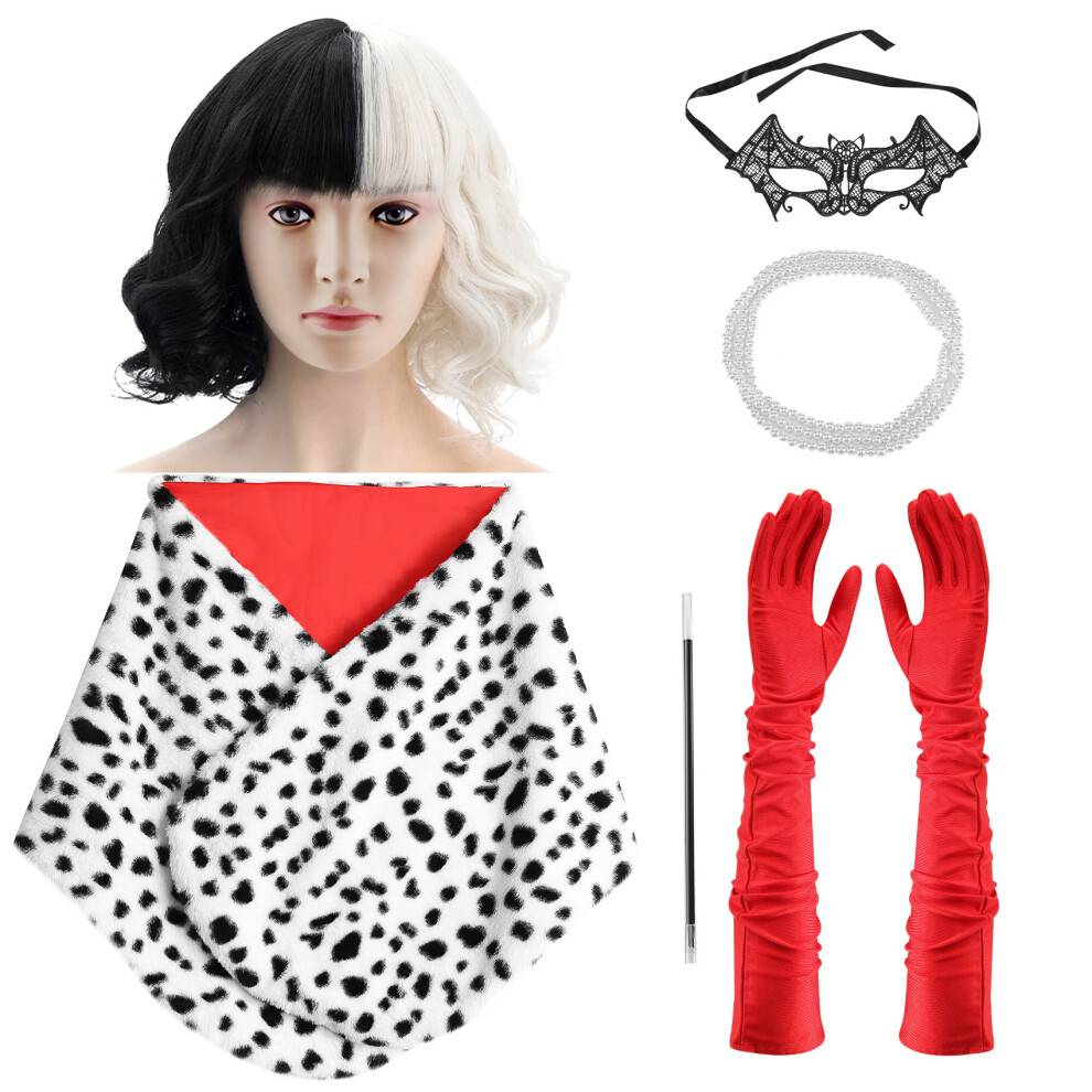 Cruella Deville Costume Women - 6PCS Halloween Costumes for Women, Cruella Accessories Include Cruella Deville Wig, Dalmatian Shawl, Red Gloves,