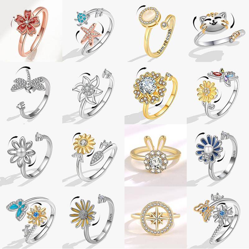 2025 Ny Fidget Spinner Ring Ångest för Kvinnor Lyx Sakura Sjöstjärna Trollslända Kitty Djurringar Anti Stress Bröllop Zirkon