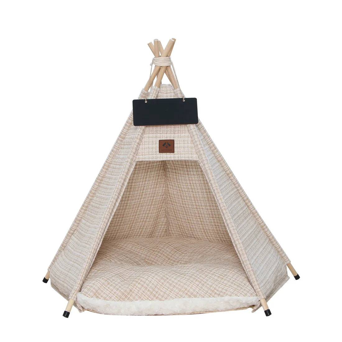 Indoor Pet Teepee Tent Bed with Thick Cushion – Canvas, Washable - grid / 40x40x50cm (40x40x50cm)