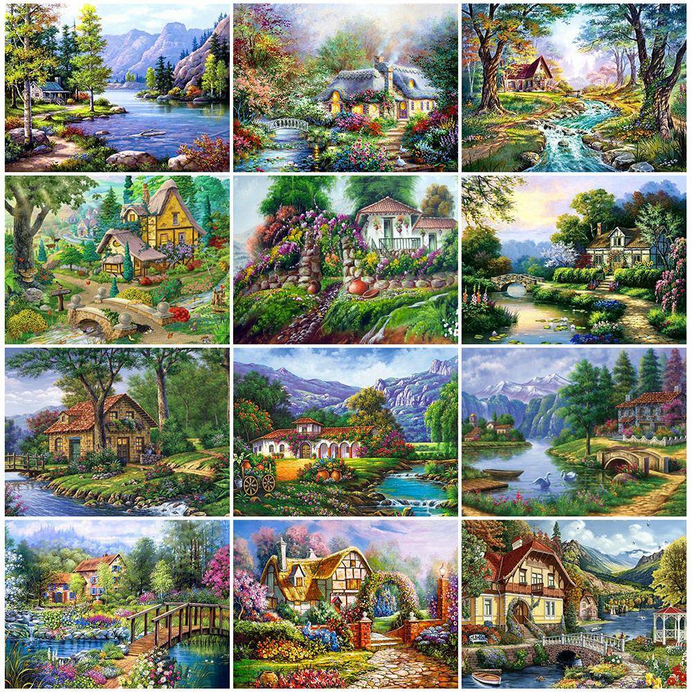 Diamantmålning Full Rund Trädgård 5D DIY Diamantbroderi Hus Mosaik Landskap Korsstygn Dekor för hemmet