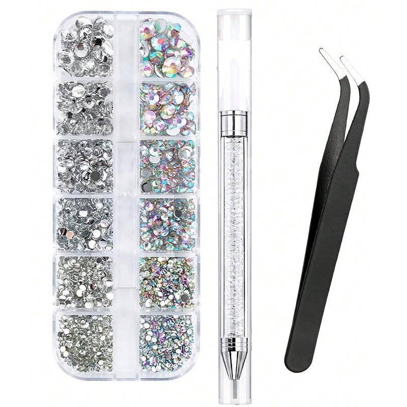 12 Grids 6 Sizes Clear Rhinestones Flatback Shiny Crystal Nail Art Gems With Tweezer And Rhinestone Picker Dotting Pen Nail Art Tools