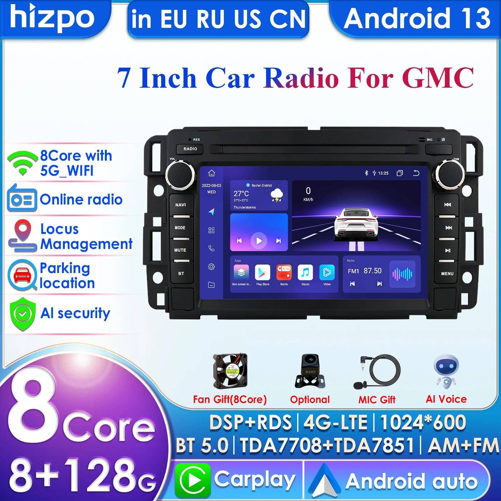 Hizpo 2din Android Bilradio för Buick Enclave GMC Yukon Chevrolet Silverado Impala Bilradio Multimedia Videospelare GPS Intelligent RDS Carplay 4G