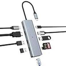 USB C-hub, 10 portar USB C-dockningsstation, dubbel skärm bärbar dator USB C-adapter (Gigabit Ethernet, 4K HDMI, USB 3.0, PD 100 W, 3,5 mm MIC, SD/TF-läsare) för MacBook Pro/Air, HP, Lenovo, Dell