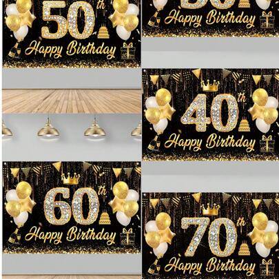 1 st glänsande svart & guldfärgad bakgrundsduk med motivet "Grattis på födelsedagen", lämplig för 30-, 40-, 60-, 70- och 50-årsfestdekorationer, 150*1 - svart guld födelsedag (150*100cm-1st)