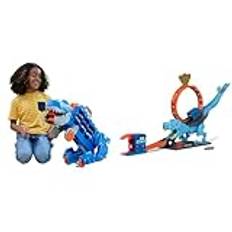 Hot Wheels 2:1 Transporter zu T-Rex mit inkl. Autorennbahn, mit Beleuchtung und Geräuschen & Autorennbahn T-Rex Angriff, Geschicklichkeitsspiel durch genaues Timing und Zielen