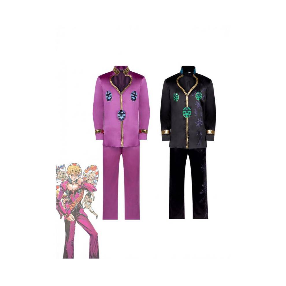 (purple, S) JOJO's Bizarre Adventure Cosplay Costume Giorno Giovanna Final Episode Gangster Boss Outfit with Jacket Pants Belt Tie Brooch
