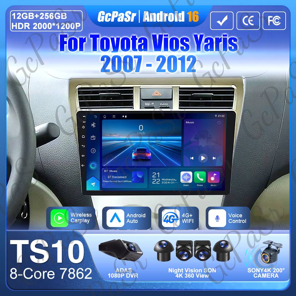 Android 16 Car Radio For Toyota VIOS Yaris 2007- 2012 Car Stereo GPS Navigation 2k Screen Wireless Carplay Android Auto 4G Wifi