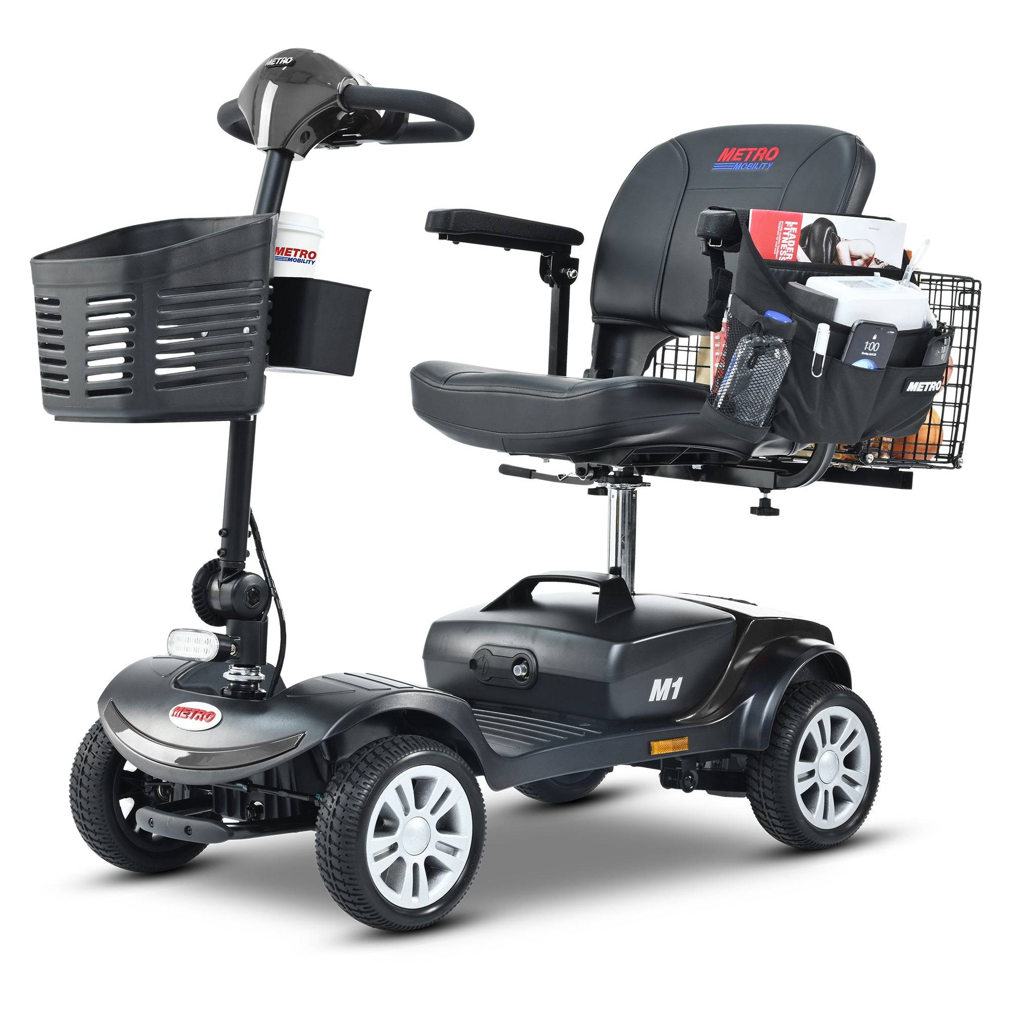 Four wheels Compact Travel Mobility Scooter with 300W Motor for Adult-300lbs, Gloss Black
