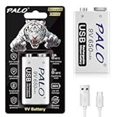 Mspalocell 9V litiumbatteri 650mAh, snabbladdning 1500+ cykel tigerprint 9V blockbatteri laddningsbart med USB mikroladdningskabel & laddningsindikator, 2 st 9V batteri