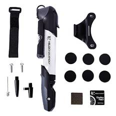 VeloChampion Mini cykelpump med ramfäste | bärbar kompakt legering cykelpump med ramfäste | Presta, Schrader och Dunlop-ventiler | för väg, berg, E-cykel (legering 9 pump + lappar 6 st)