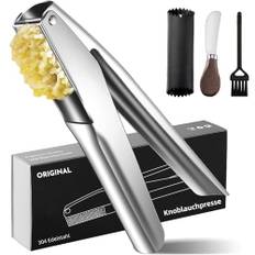 Vitlökspress 18/8 rostfritt stål 2025 uppgradering, stor tråg, vitlöks- och ingefärapress, ingen skalning behövs, diskmaskinssäker, garlic press, 5 års garanti
