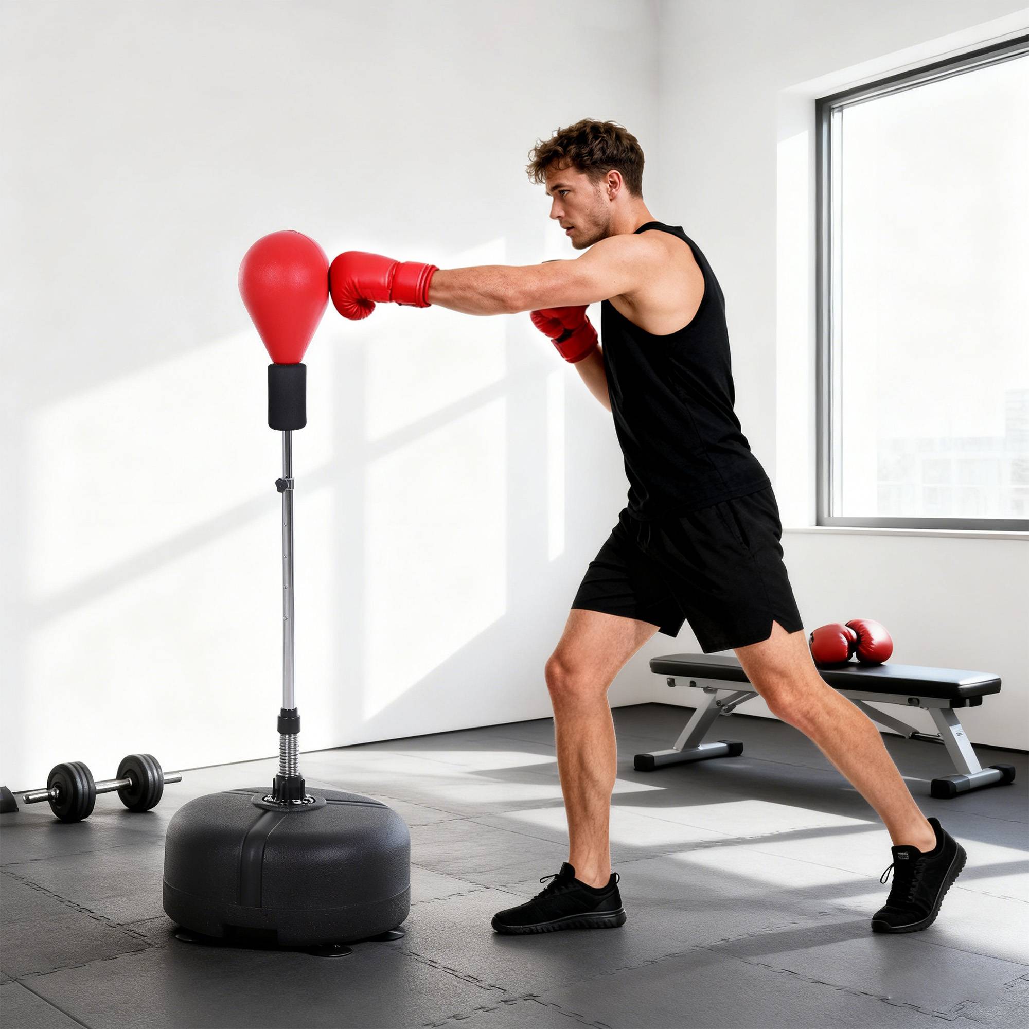 Boksebold med stativ, 136-154 cm højdejusterbar boksebold, fritstående boksebold med boksehandsker, til unge og voksne, til udstyr, stresslindring, fitness, rød.
