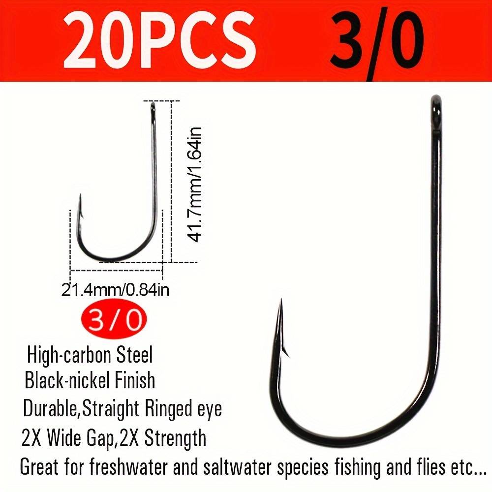 TEMU 10/20pcs 1/0 - 6/0 Streamer Hook Short Shank Wide Mouth Hook 2x Strength & Saltwater Fishing Hook Sabiki Rigs Big Streamer