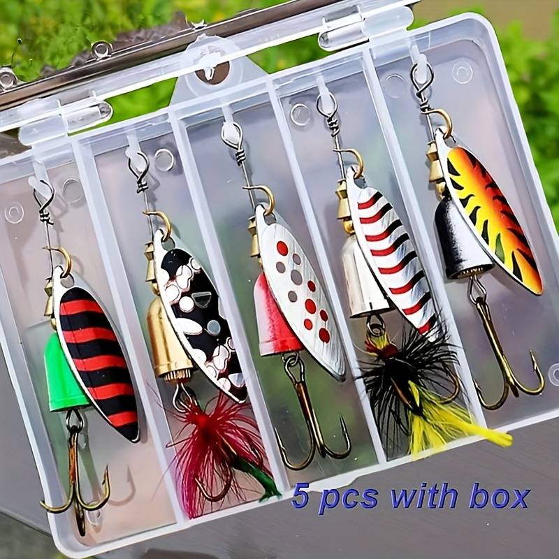 Set Of 5 Metal Fishing Lures: Includes Spinners, Baits, And Kits For Combo Lures Suitable For , Trout, And Salmon - With A Box!