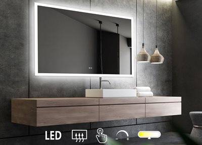 Firkantet spejl med LED lys, front og back, lysstyring og anti-damp - 100 x 80 cm