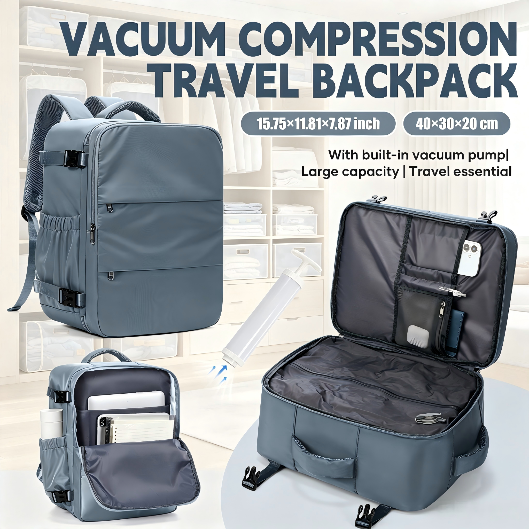 VacuumStorageBags Travel Packing，Vacuum Compression Backpack with Manual Pump ,Ryanair Hand Luggage 40x30x20, Airline Tote Bag