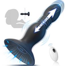 SuperLove Thrusting Vibrating Anal Plug with Suction Cup & Remote Black - svart