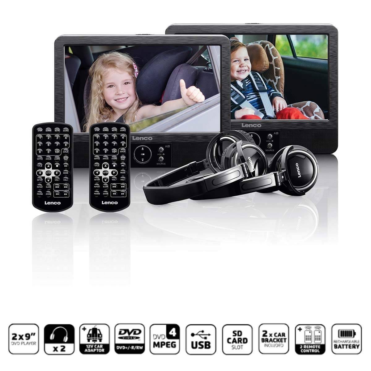 2x 9" bärbar DVD-spelare med USB SD inbyggt batteri hörlurar och fäste Svart