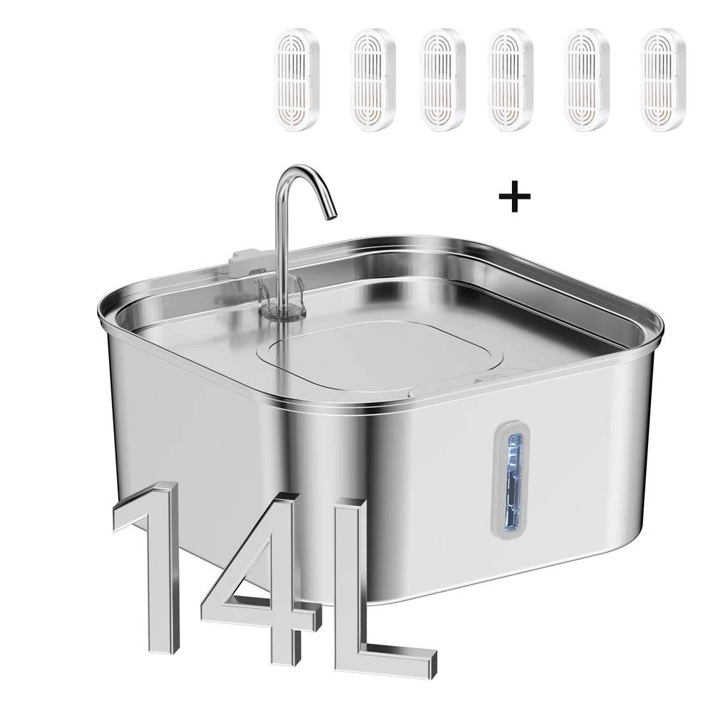 14L Stainless Steel Pet Water Fountain with Water Level Window | Large Dogs & Cats - Combination D