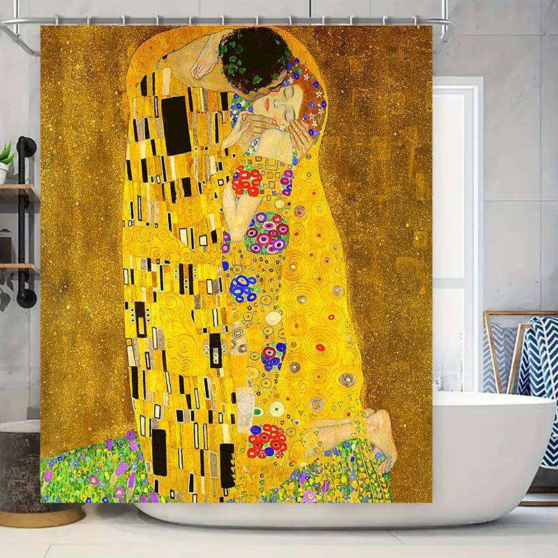 Modern Badrumsinredning Blommig Tryck Duschdraperi Vattentätt Tyg Storlek 60X72 Gul Guld Rött Mönster Unik Konst Hemtillbehör