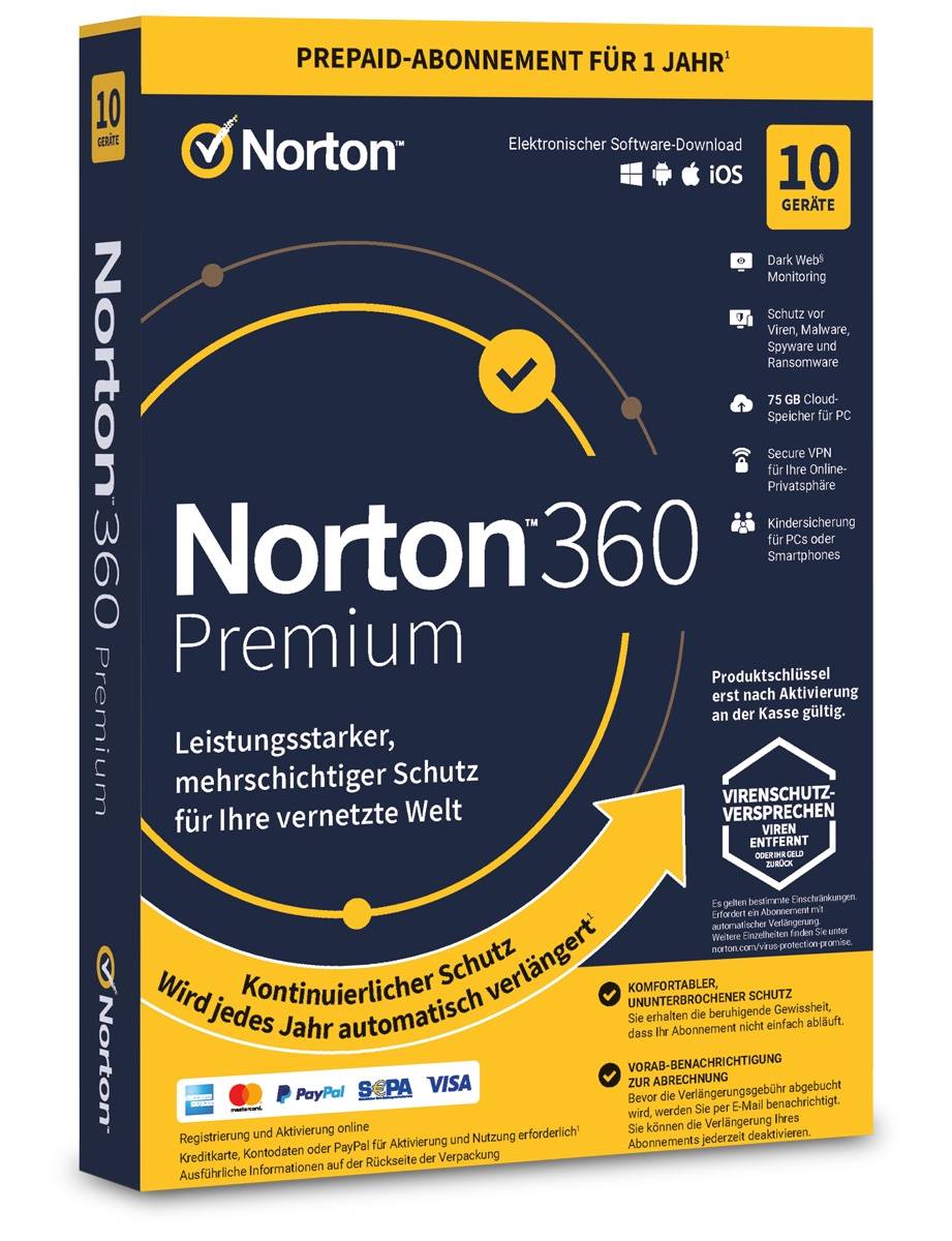Norton 360 Premium 10 Geräte 1 Jahr 2026 - 75 GB Cloud-Backup + Secure VPN - ESD (Android, iOS, Mac OS, Windows, Deutsch)