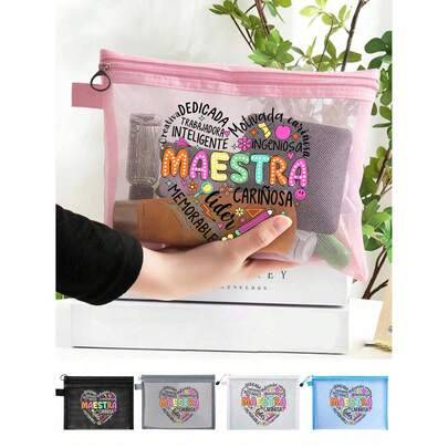 MAESTRA sminkväska i mesh med bokstavstryck, kosmetisk förvaringsväska med dragkedja för kvinnor, transparent necessär i mesh, organizeringsväska för - Multifärgad (Svart (1 styck),Vit (1 styck),Blå (1 styck),Grå (1 styck),Rosa (1 styck),1 krok)