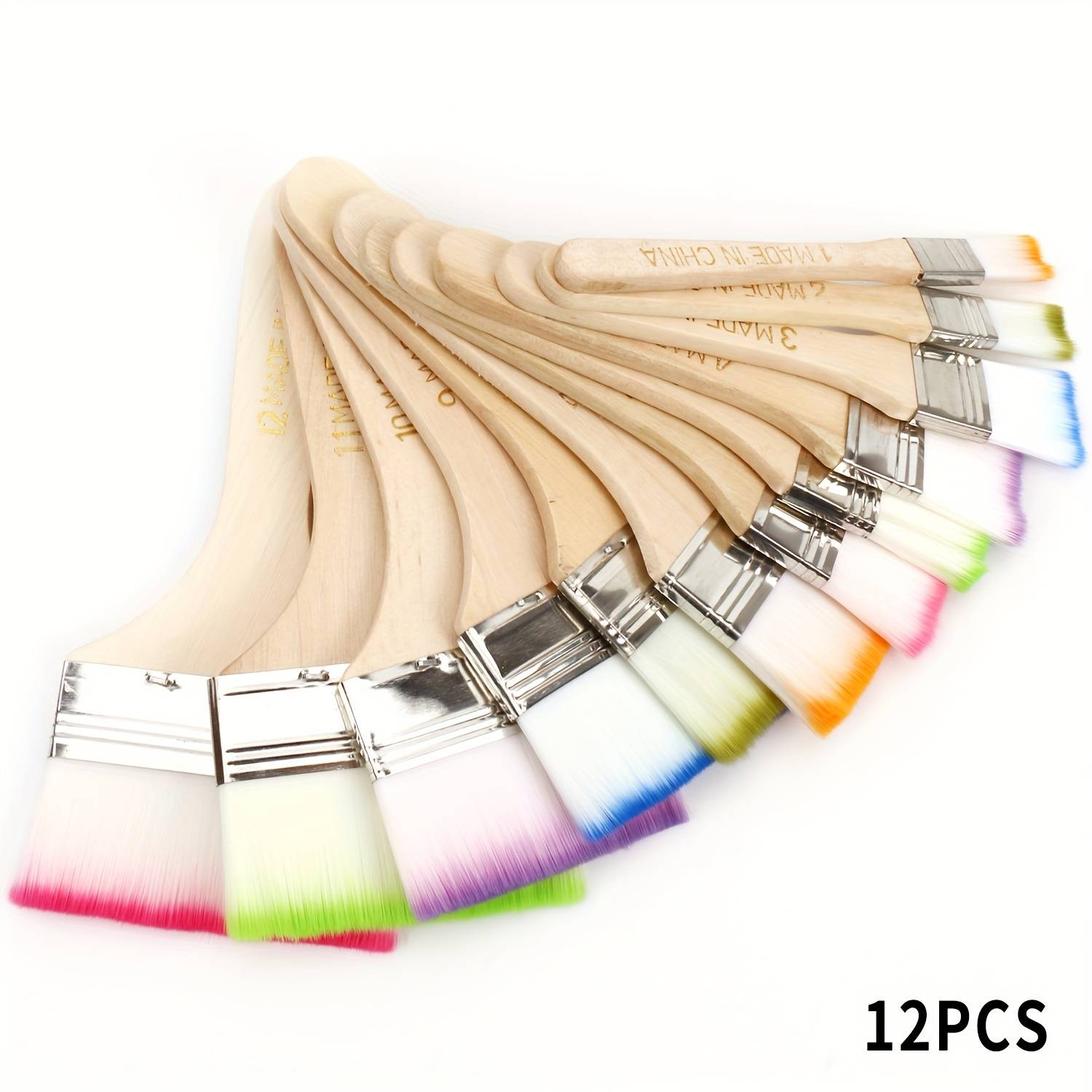 TEMU 12pcs Assorted Size Nylon Flat Oil Painting Brush Set - Easy Clean, High-quality Wooden Handles, Art & Painting Enthusiasts