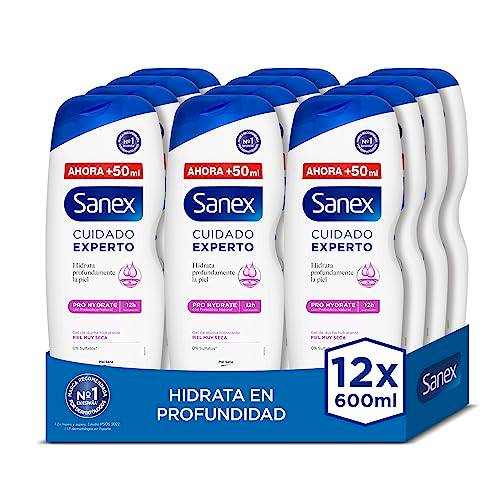 Sanex Expertvård Pro Hydrate duschgel, 12 st x 600 ml, badgel för mycket torr hud, rengör försiktigt, återfuktar och mjukar upp huden, prebiotisk och postbiotisk komplex, 12 tim