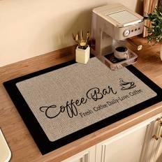 TEMU Vintage Coffee Print Linen-look Dish Drying Mat - Super Absorbent, Stain-hiding With Non-slip Rubber Backing For Kitchen Countertops & Appliances