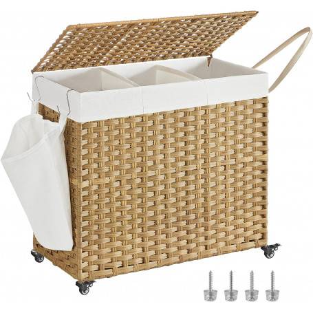 Tvättkorg med 3 fack 160 L Rullbar 70 x 36 x 66 cm Naturlig