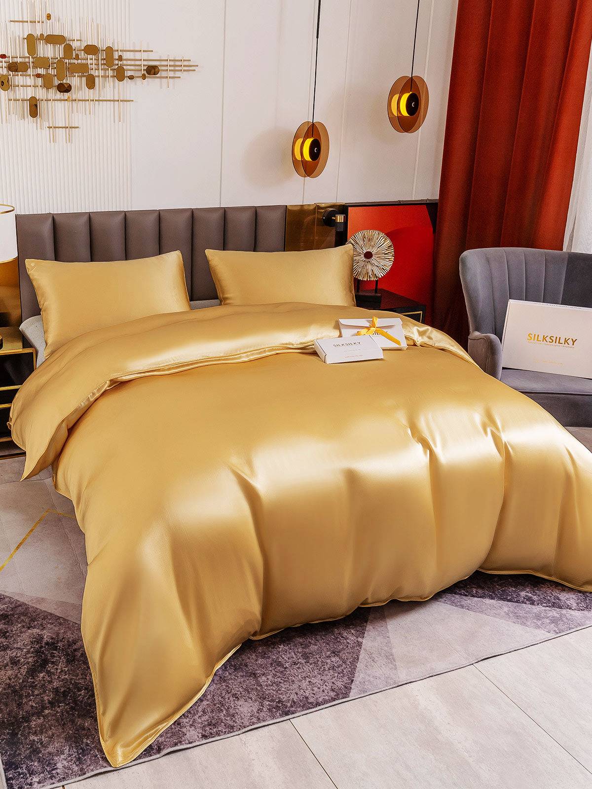 19Momme 3st Siden Sängkläder Set (Påslakan + 2x Örngott) - Champagne / 1.4m Säng(220x220cm+2x50x60cm)