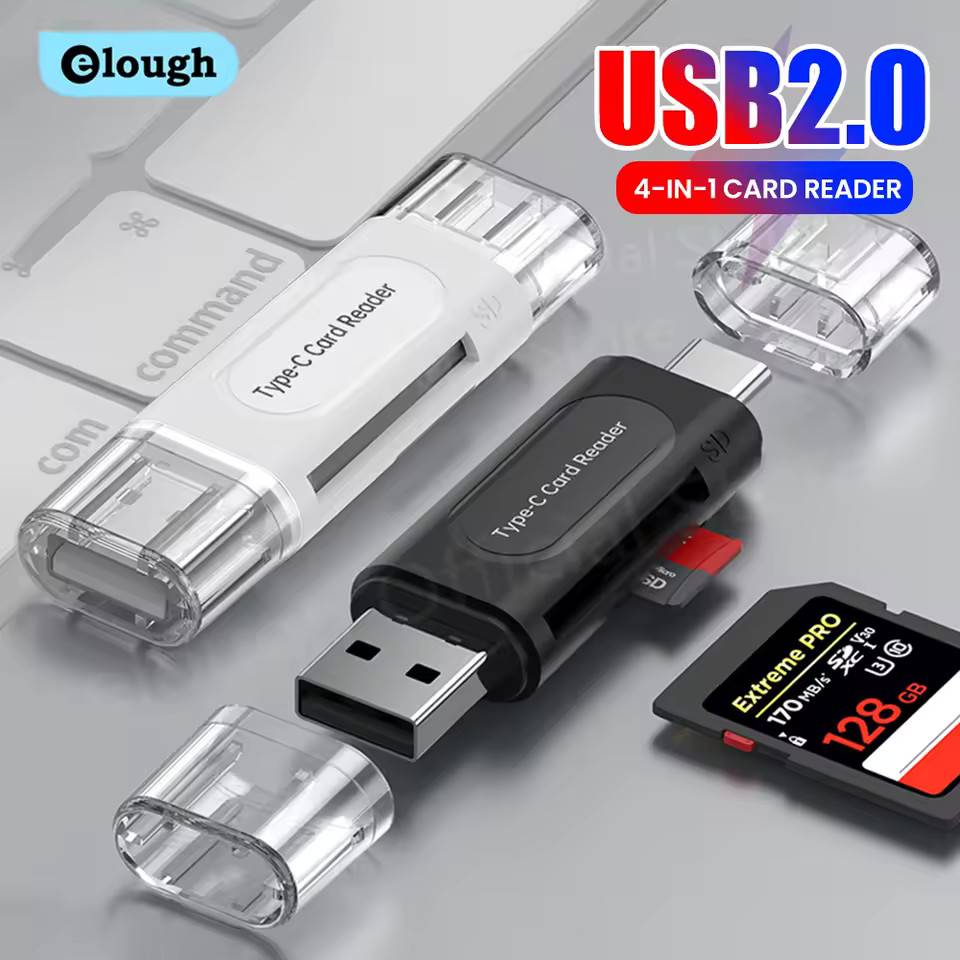 Elough 4 in 1 Card Reader Memory TF SD Card Readers For iPhone 16 15 Laptop USB 2.0 Type C Card Adapter High-speed Transmission