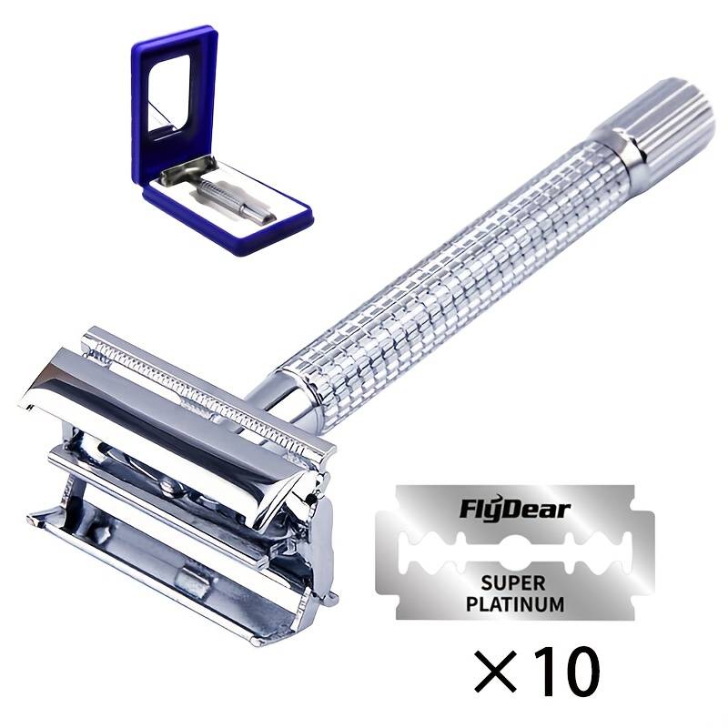 TEMU Silvery Double-sided Safety Razor With Carry Blade, Textured Handle, Chrome Plated, Rust-resistant, Traditional Shaving Set With Bottom Knob Blade For Beard And Mustache Grooming