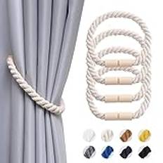 Pretty Jolly 4-pack magnetiska gardinbindningar i trä boho heminredning draperi bakstycken naturlig bomull handgjorda rep gardinhållare för tunt eller tjockt hem och kontor fönsterdraperi (beige)