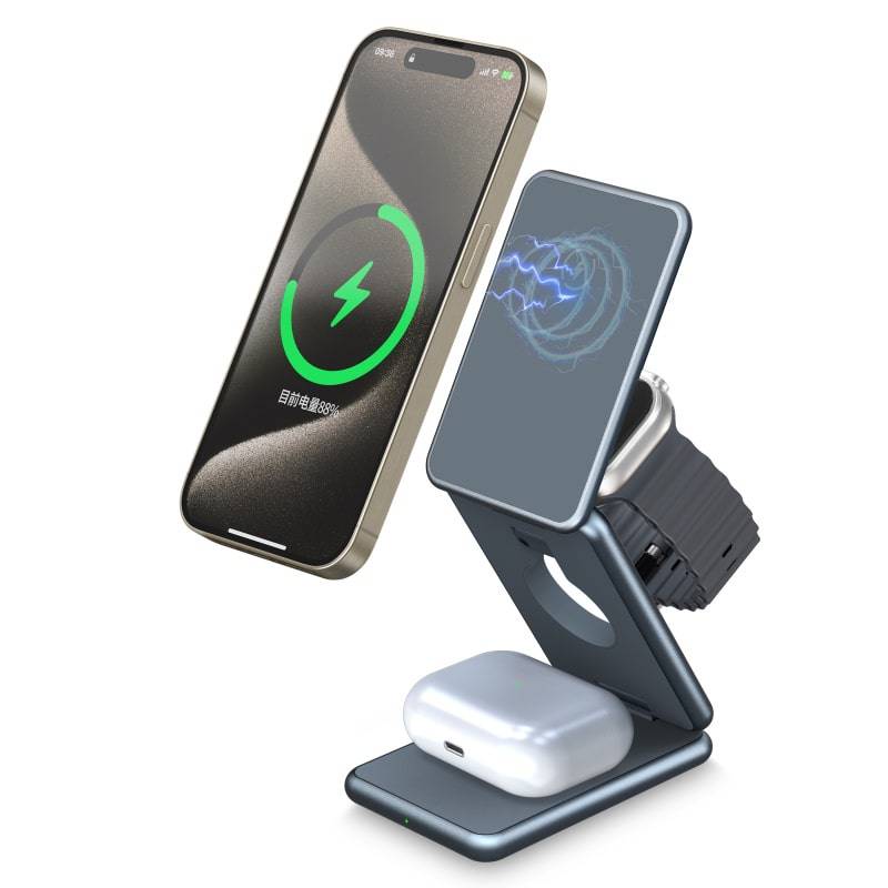 3-i-1 Foldbar Magsafe Trådløs Opladestander. Oplad iPhone, AirPods og Apple Watch samtidigt..