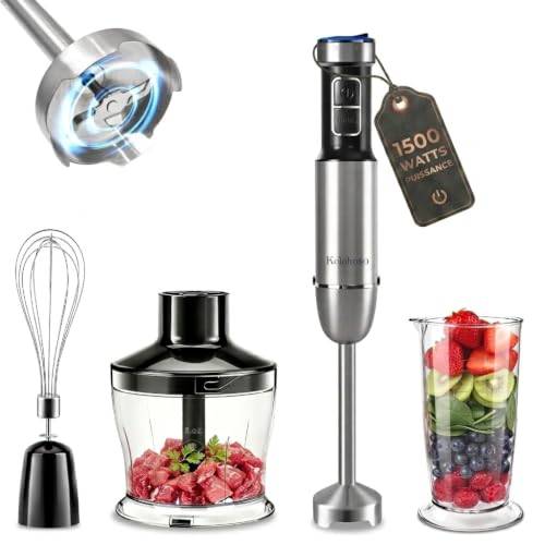 1500W Hand Blender, 4 in 1 Kitchen Stick Blender, 25 Speed & TURBO | Immersion Blender with Whisk, 500ml Chopper and 700ml Measuring Cup, Food Processor, for Making Baby Food, Soups, Sauces