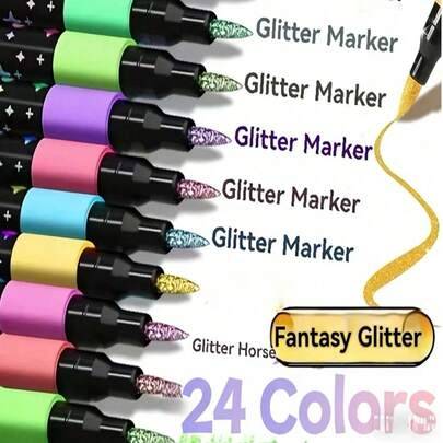 24/48 färger dubbelspetsade glitterpennor med snabbtorkande bläck - fin spets, lämpliga för scrapbooking, korttillverkning, dagboksskrivning, 24 färge