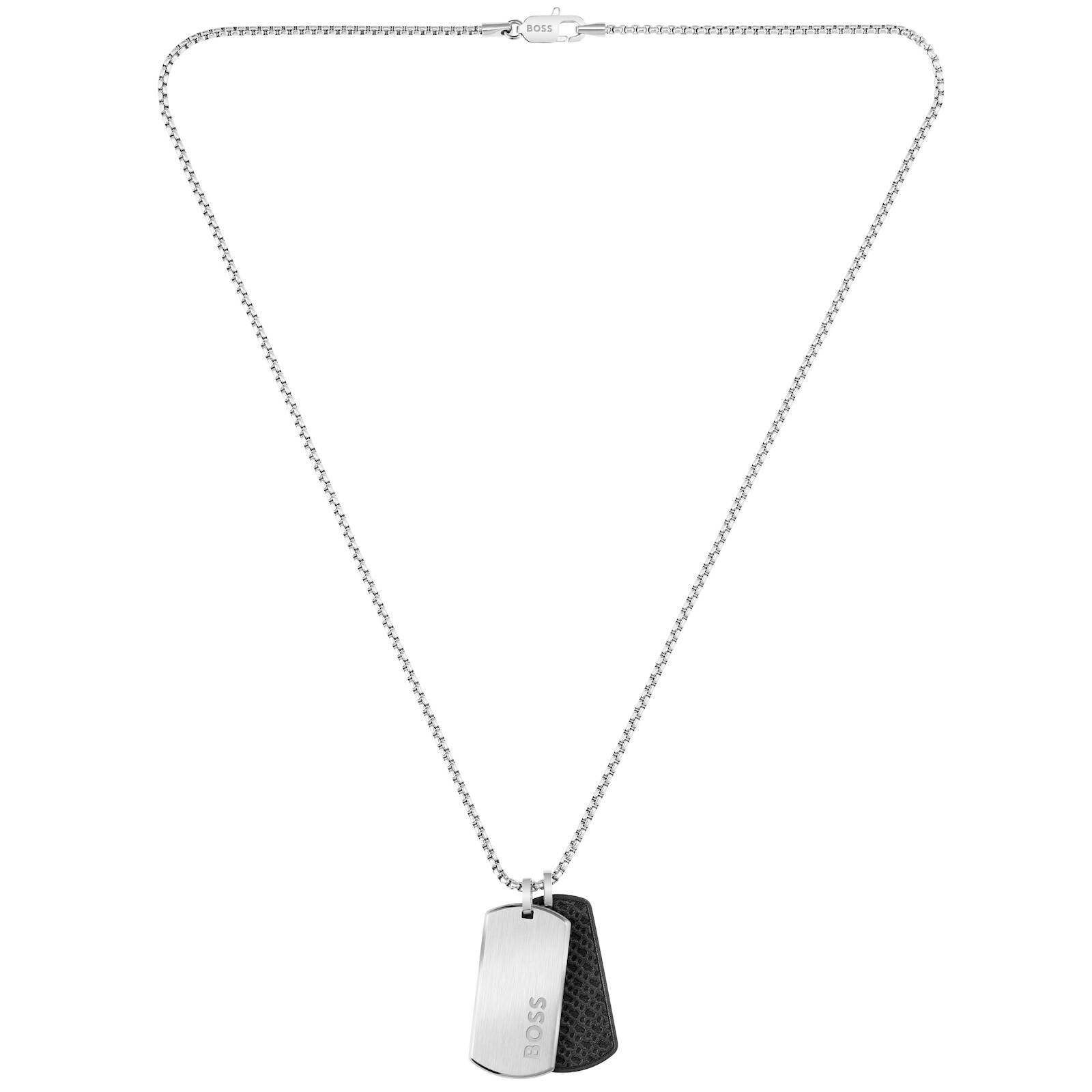 BOSS Devon Leather Dog Tag Necklace Silver