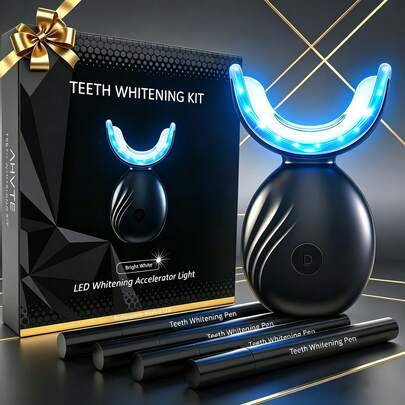 Premium svart LED-tandblekningskit, professionellt tandblekningssystem för hemmabruk, innehåller 4 x 3 ml tandblekningsgel, utformad för känsliga tänd - Vitt