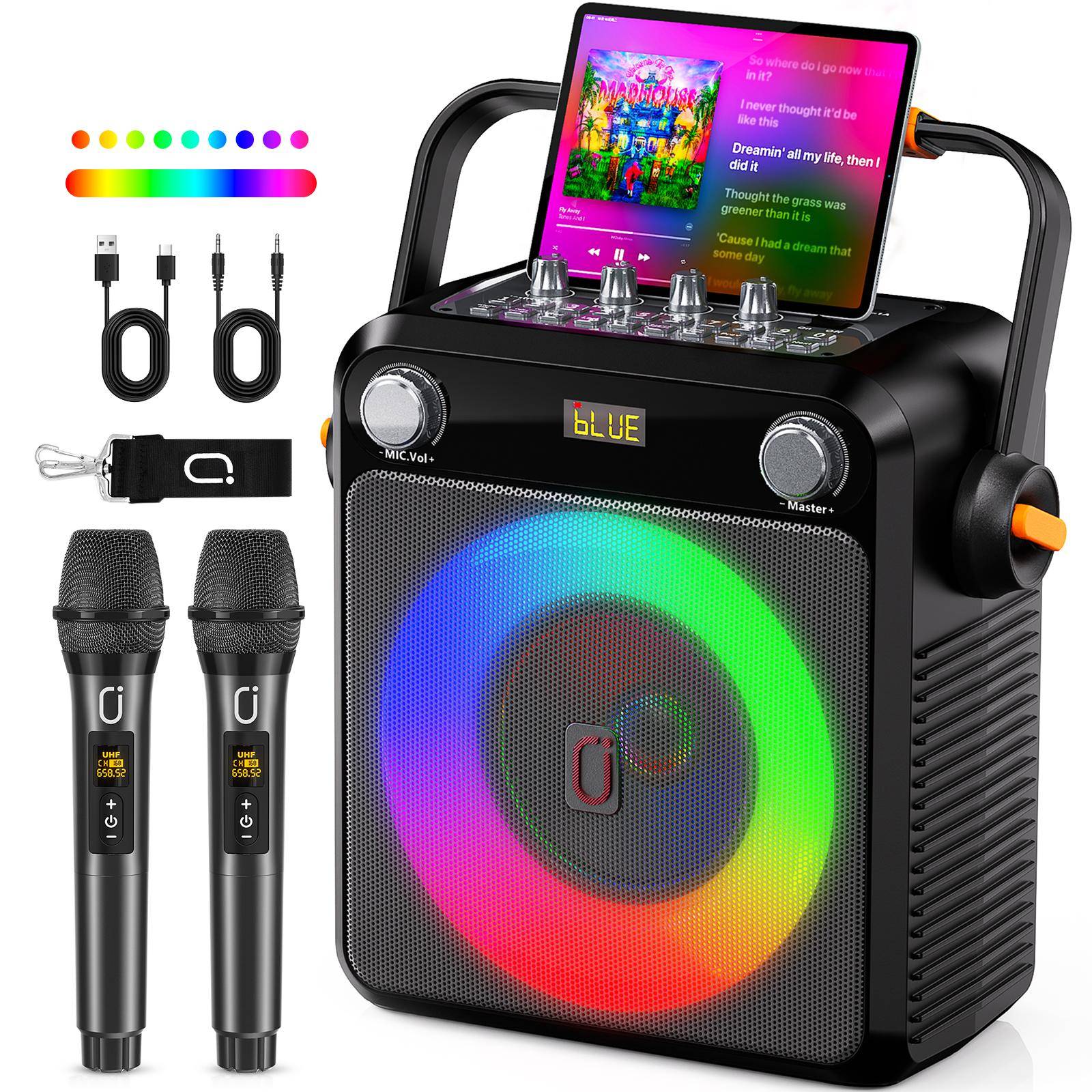 Karaokemaskin med 2 trådlösa mikrofoner, Bärbar Bluetooth-karaokehögtalare för vuxna, Karaokemikrofon med PA-system, Bas-/diskantjustering