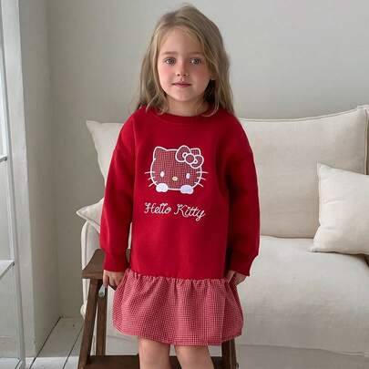 Lös sittande långärmad klänning för unga flickor med patchworkdesign och broderad KT-katt, höst/vinter - Bourgogne (6Y,7Y,4Y,5Y)